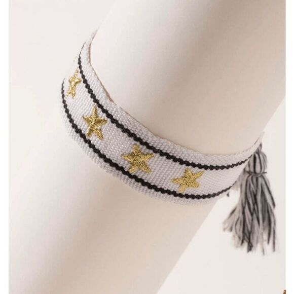 Black and White Star Embroidered Woven Bracelet - Picture 3 of 5